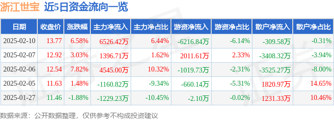 浙江世宝（002703）2月10日主力资金净买入652642万元(图1)
